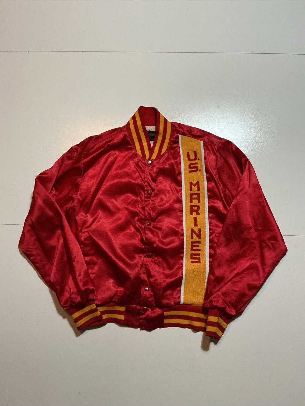 Vintage 80s Swingster U.S. United States Marines Red Satin Bomber Jacket